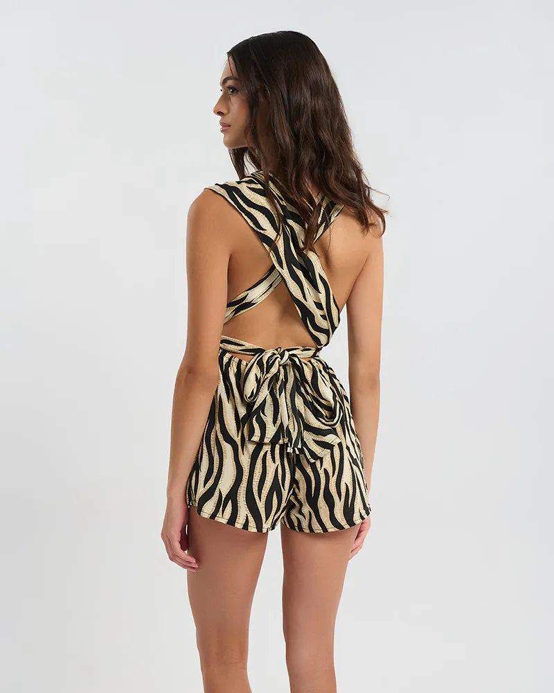 ΟΛΟΣΩΜΗ ΦΟΡΜΑ ΚΟΝΤΗ ΠΟΛΥΜΟΡΦΙΚΟ ΕΚΡΟΥ/ΜΑΥΡΟ ΜΕ ΖΕΒΡΕ ΛΕΠΤΟΜΕΡΕΙΕΣ ONE SIZE  (60% SILK 40% POLYESTER)