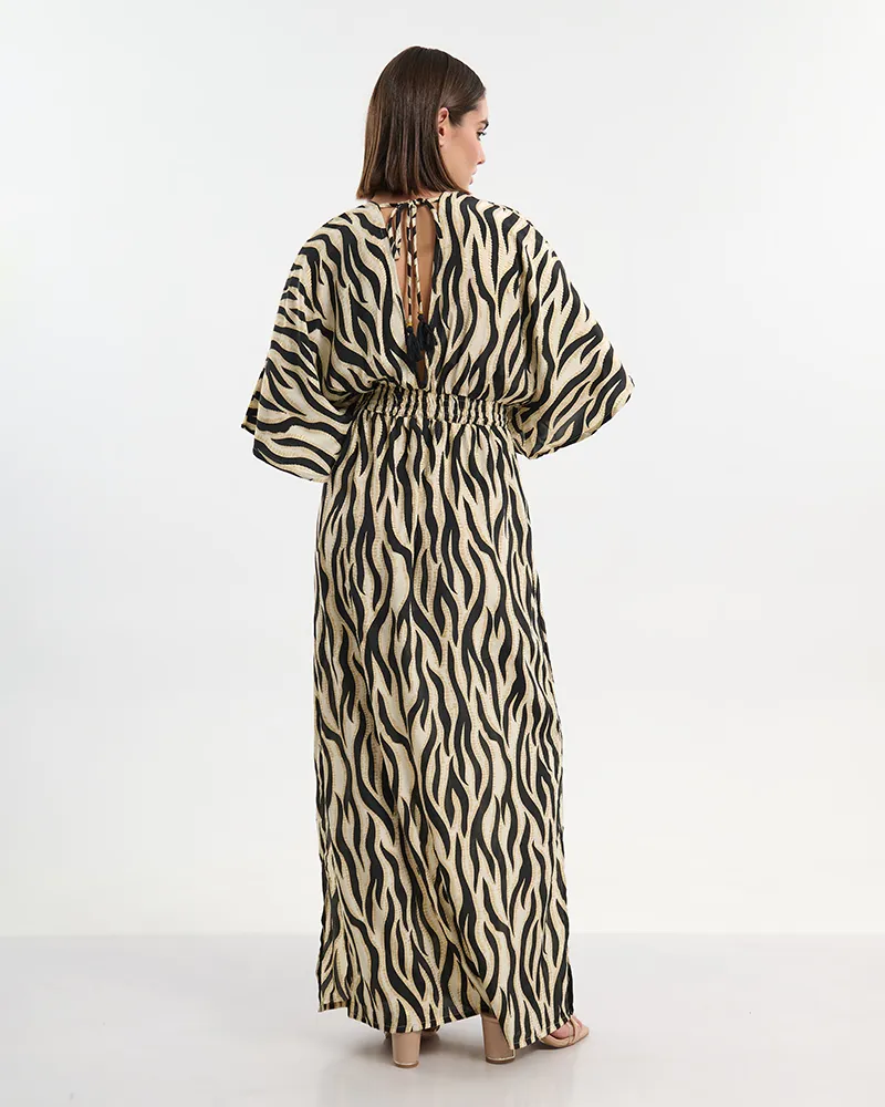 ΦΟΡΕΜΑ ΜΑΚΡΥ ΜΕ 3/4 ΜΑΝΙΚΙ ΕΚΡΟΥ/ ΜΑΥΡΟ ΜΕ ΖΕΒΡΕ ΛΕΠΤΟΜΕΡΕΙΕΣ ONE SIZE (60% SILK 40% POLYESTER)