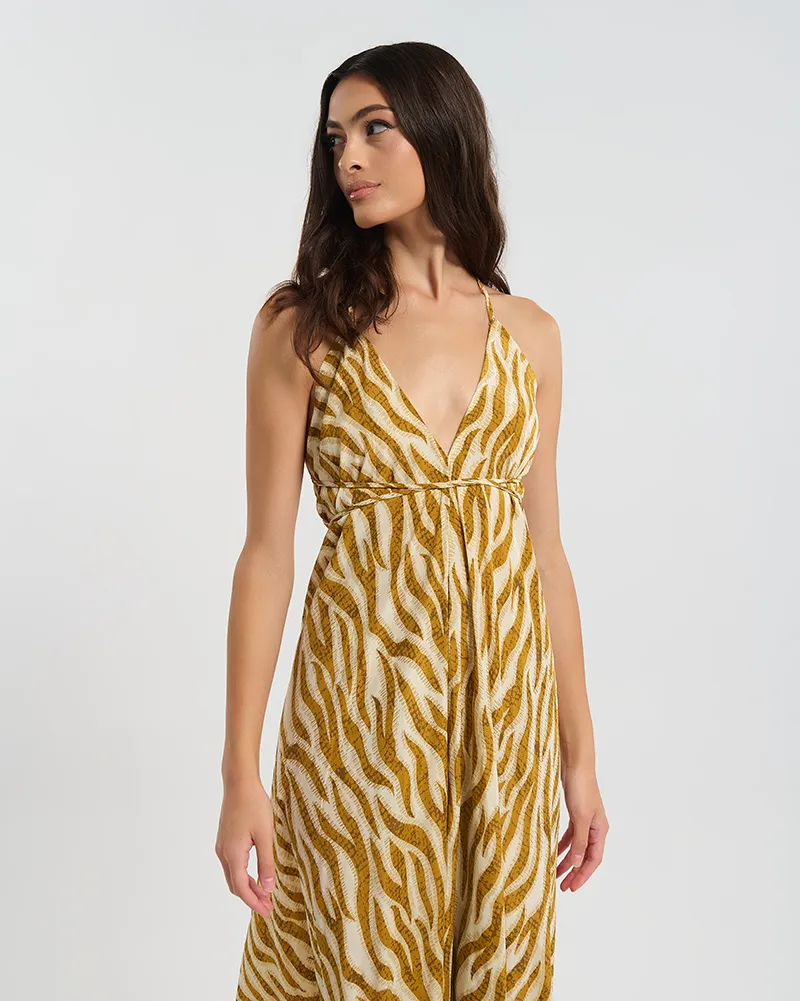 ΦΟΡΕΜΑ ΕΞΩΠΛΑΤΟ ΜΑΚΡΥ ΚΑΦΕ/ΜΟΥΣΤΑΡΔΙ ΖΕΒΡΕ ONE SIZE (60% SILK 40% POLYESTER)