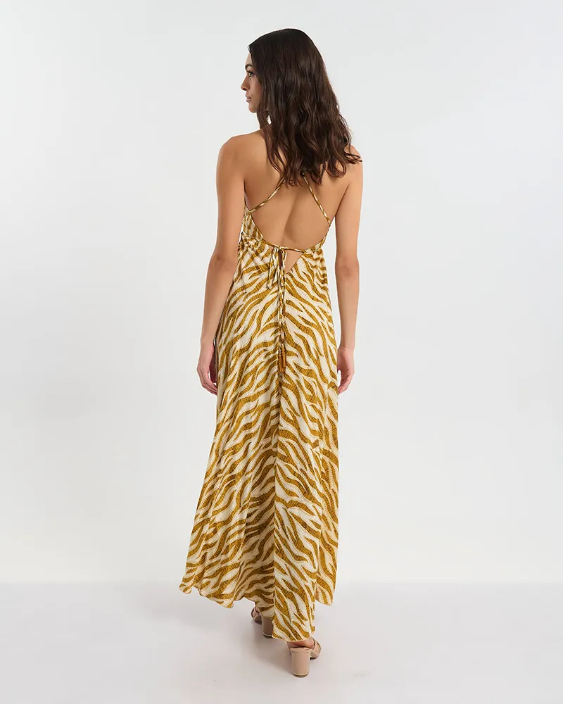 ΦΟΡΕΜΑ ΕΞΩΠΛΑΤΟ ΜΑΚΡΥ ΚΑΦΕ/ΜΟΥΣΤΑΡΔΙ ΖΕΒΡΕ ONE SIZE (60% SILK 40% POLYESTER)