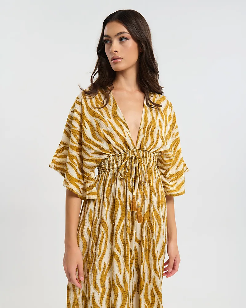 ΦΟΡΕΜΑ 3/4 ΜΑΝΙΚΙ ΜΑΚΡΥ ΚΑΦΕ/ΜΟΥΣΤΑΡΔΙ ΖΕΒΡΕ ONE SIZE  (60% SILK 40% POLYESTER)