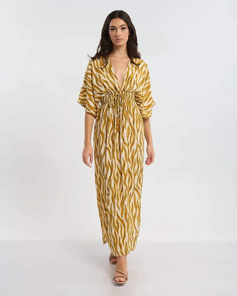 ΦΟΡΕΜΑ 3/4 ΜΑΝΙΚΙ ΜΑΚΡΥ ΚΑΦΕ/ΜΟΥΣΤΑΡΔΙ ΖΕΒΡΕ ONE SIZE  (60% SILK 40% POLYESTER)