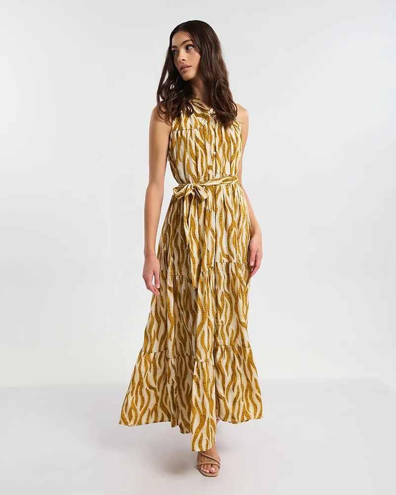 ΦΟΡΕΜΑ ΜΑΚΡΥ ΑΜΑΝΙΚΟ ΜΕ ΚΟΥΜΠΙΑ ΚΑΦΕ/ΜΟΥΣΤΑΡΔΙ ΖΕΒΡΕ ONE SIZE  (60% SILK 40% POLYESTER)