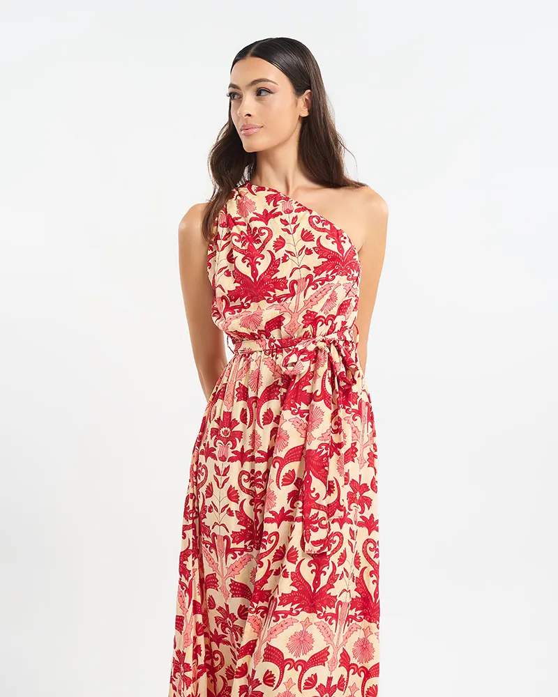 ΦΟΡΕΜΑ ΜΑΚΡΥ ΜΕ 1 ΩΜΟ ΚΟΚΚΙΝΟ/ ΕΚΡΟΥ ΜΕ ΛΟΥΛΟΥΔΙΑ ONE SIZE (60% SILK 40% POLYESTER)