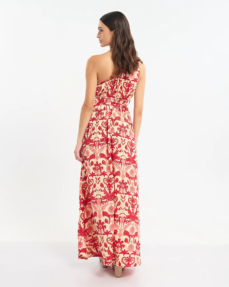 ΦΟΡΕΜΑ ΜΑΚΡΥ ΜΕ 1 ΩΜΟ ΚΟΚΚΙΝΟ/ ΕΚΡΟΥ ΜΕ ΛΟΥΛΟΥΔΙΑ ONE SIZE (60% SILK 40% POLYESTER)