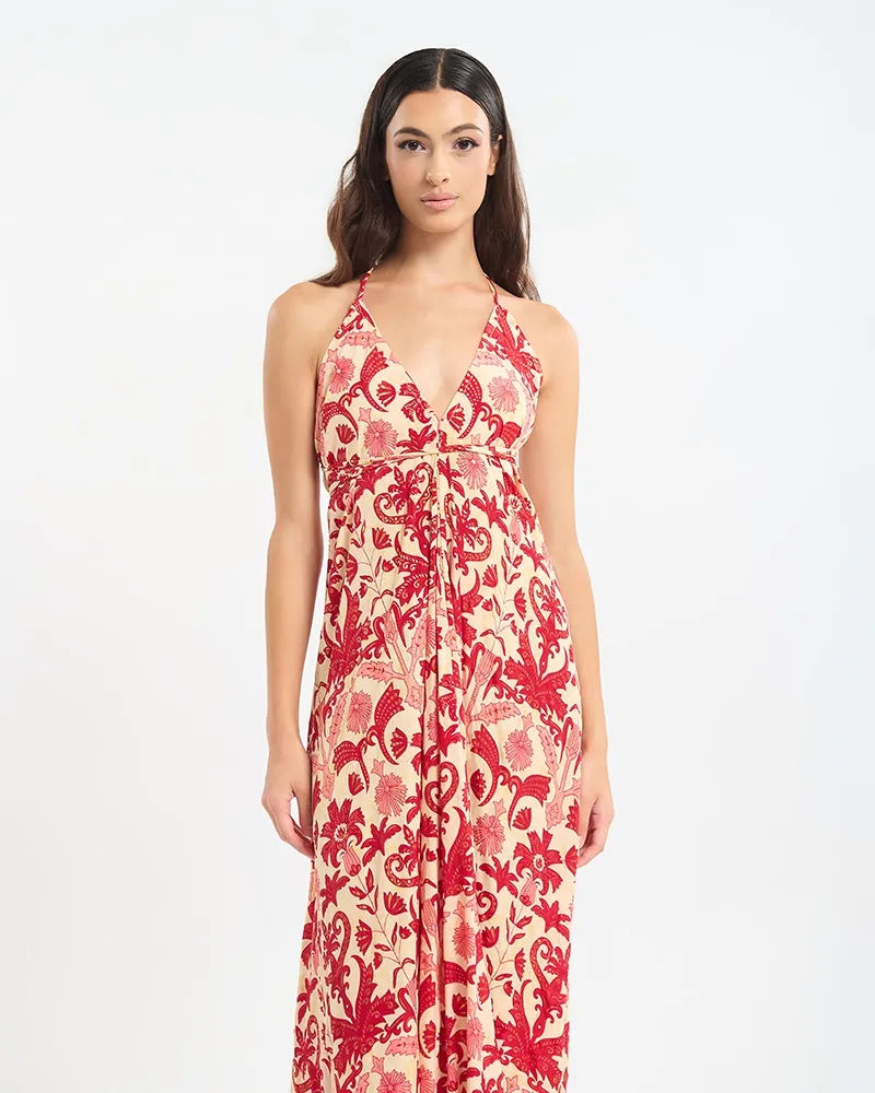 ΦΟΡΕΜΑ ΕΞΩΠΛΑΤΟ ΜΑΚΡΥ ΚΟΚΚΙΝΟ/ΕΚΡΟΎ ΜΕ ΛΟΥΛΟΥΔΙΑ ONE SIZE  (60% SILK 40% POLYESTER)