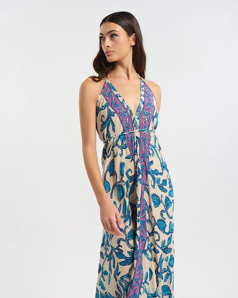 ΦΟΡΕΜΑ ΕΞΩΠΛΑΤΟ  ΕΚΡΟΥ ΜΕ ΜΠΛΕ/ΧΡΥΣΑ  ΛΟΥΛΟΥΔΙΑ ONE SIZE (60% SILK 40% POLYESTER)