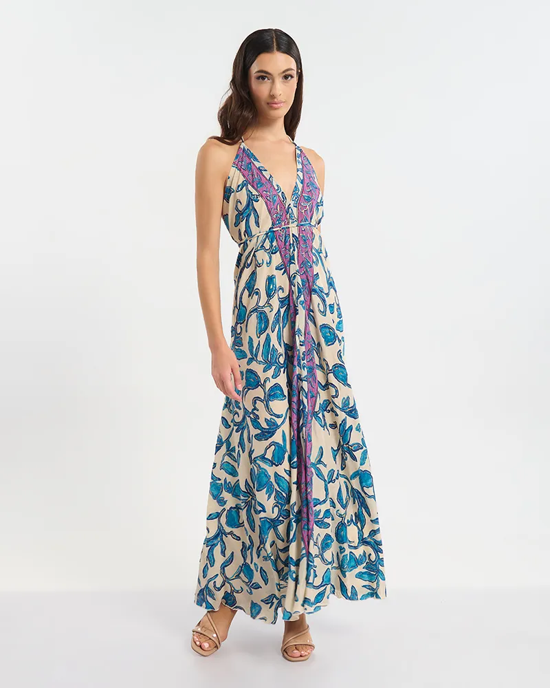 ΦΟΡΕΜΑ ΕΞΩΠΛΑΤΟ  ΕΚΡΟΥ ΜΕ ΜΠΛΕ/ΧΡΥΣΑ  ΛΟΥΛΟΥΔΙΑ ONE SIZE (60% SILK 40% POLYESTER)