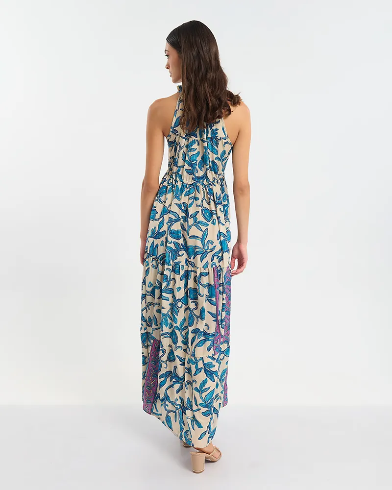 ΦΟΡΕΜΑ ΜΑΚΡΥ ΑΜΑΝΙΚΟ ΕΚΡΟΥ ΜΕ ΜΠΛΕ/ΧΡΥΣΑ ΛΟΥΛΟΥΔΙΑ ONE SIZE  (60% SILK 40% POLYESTER)