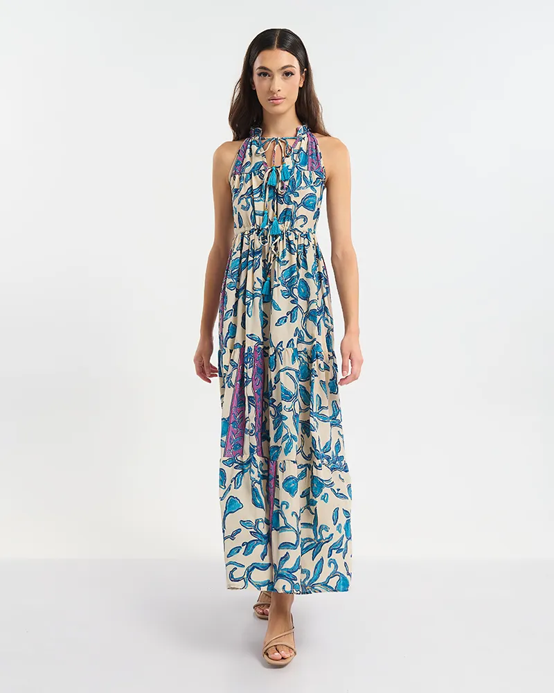 ΦΟΡΕΜΑ ΜΑΚΡΥ ΑΜΑΝΙΚΟ ΕΚΡΟΥ ΜΕ ΜΠΛΕ/ΧΡΥΣΑ ΛΟΥΛΟΥΔΙΑ ONE SIZE  (60% SILK 40% POLYESTER)