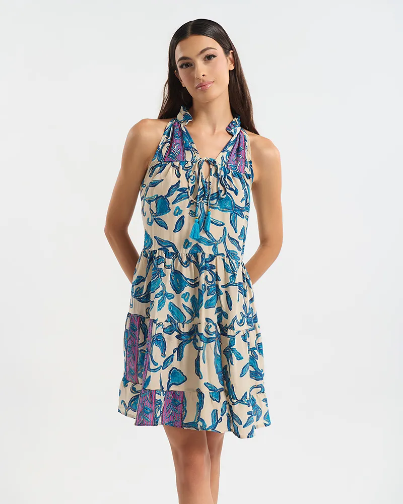 ΦΟΡΕΜΑ ΚΟΝΤΟ ΑΜΑΝΙΚΟ ΜΕ ΓΙΑΚΑ ΕΚΡΟΎ ΜΕ ΜΠΛΕ/ΧΡΥΣΑ ΛΟΥΛΟΥΔΙΑ ONE SIZE  (60% SILK 40% POLYESTER)