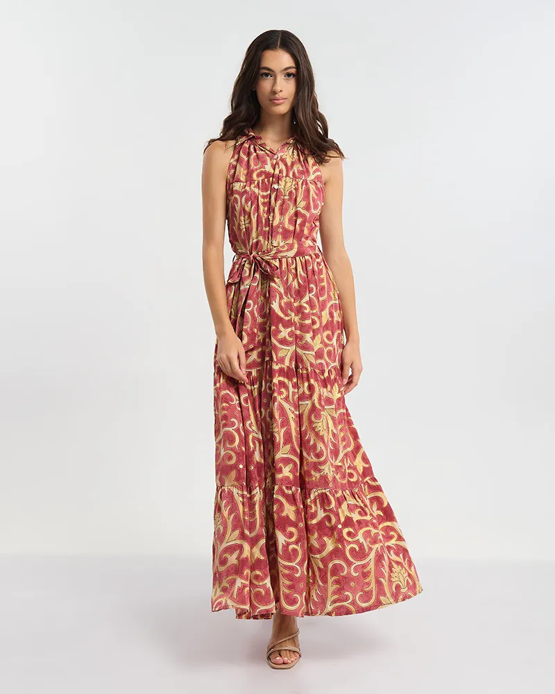 ΑΜΑΝΙΚΟ ΦΟΡΕΜΑ ΜΑΚΡΥ ΜΕ ΚΟΥΜΠΙΑ ΣΕ ΚΟΚΚΙΝΟ ΧΡΩΜΑ ΜΕ ΧΡΥΣΕΣ ΛΕΠΤΟΜΕΡΕΙΕΣ ONE SIZE (60% SILK 40% POLYESTER)