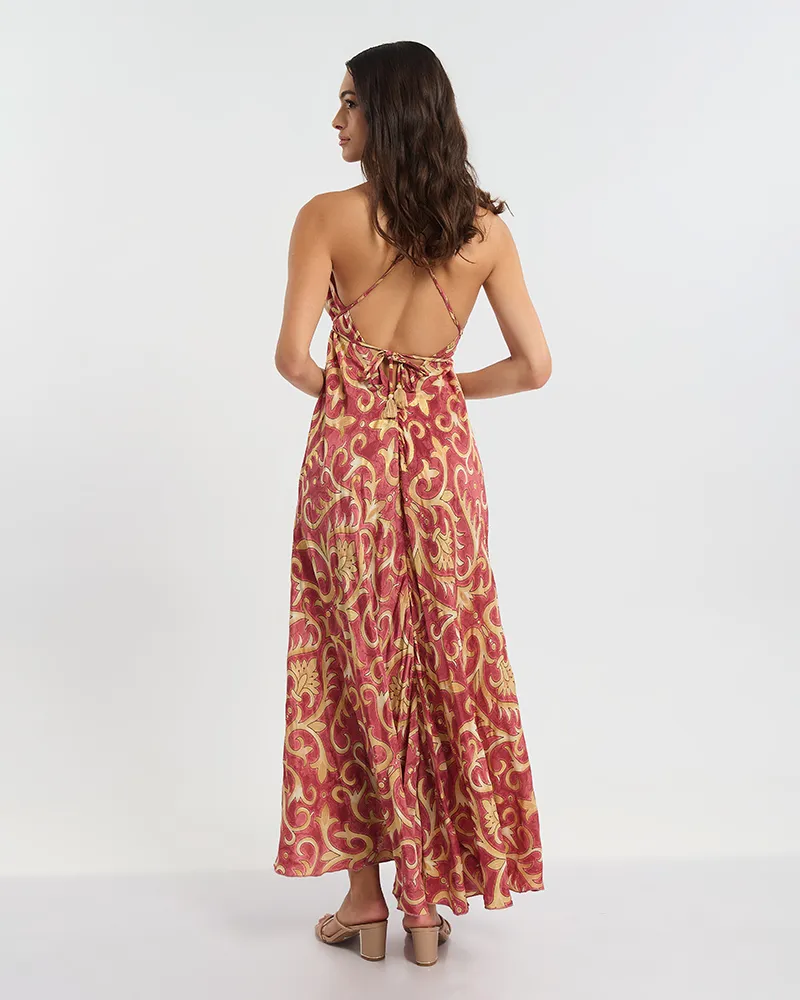 ΦΟΡΕΜΑ ΕΞΩΠΛΑΤΟ ΜΑΚΡΥ ΣΕ ΚΟΚΚΙΝΟ ΧΡΩΜΑ ΜΕ ΧΡΥΣΕΣ ΛΕΠΤΟΜΕΡΕΙΕΣ ONE SIZE (60% SILK 40% POLYESTER)