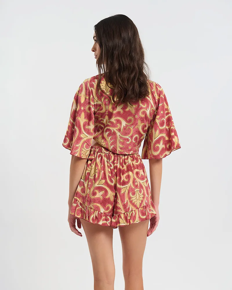 ΚΟΝΤΟ ΤΟΠ 3/4 ΔΕΤΟ ΣΕ ΚΟΚΚΙΝΟ ΧΡΩΜΑ ΜΕ ΧΡΥΣΕΣ ΛΕΠΤΟΜΕΡΕΙΕΣ ONE SIZE (60% SILK 40% POLYESTER)