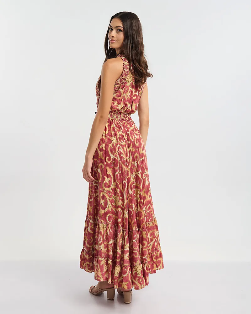 ΜΑΚΡΥ ΑΜΑΝΙΚΟ ΦΟΡΕΜΑ ΣΕ ΚΟΚΚΙΝΟ ΧΡΩΜΑ ΜΕ ΧΡΥΣΕΣ ΛΕΠΤΟΜΕΡΕΙΕΣ ONE SIZE (60% SILK 40% POLYESTER)