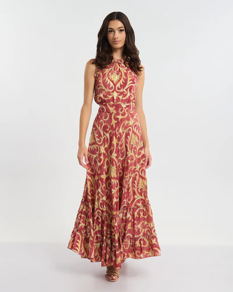 ΜΑΚΡΥ ΑΜΑΝΙΚΟ ΦΟΡΕΜΑ ΣΕ ΚΟΚΚΙΝΟ ΧΡΩΜΑ ΜΕ ΧΡΥΣΕΣ ΛΕΠΤΟΜΕΡΕΙΕΣ ONE SIZE (60% SILK 40% POLYESTER)