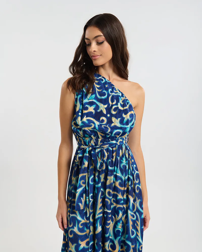 ΦΟΡΕΜΑ ΜΑΚΡΥ ΜΕ 1 ΩΜΟ ΜΠΛΕ ΜΕ ΤΥΡΚΟΥΑΖ/ΧΡΥΣΕΣ ΛΕΠΤΟΜΕΡΕΙΕΣ ONE SIZE (60% SILK 40% POLYESTER)