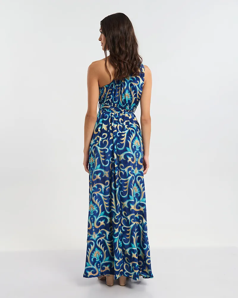 ΦΟΡΕΜΑ ΜΑΚΡΥ ΜΕ 1 ΩΜΟ ΜΠΛΕ ΜΕ ΤΥΡΚΟΥΑΖ/ΧΡΥΣΕΣ ΛΕΠΤΟΜΕΡΕΙΕΣ ONE SIZE (60% SILK 40% POLYESTER)