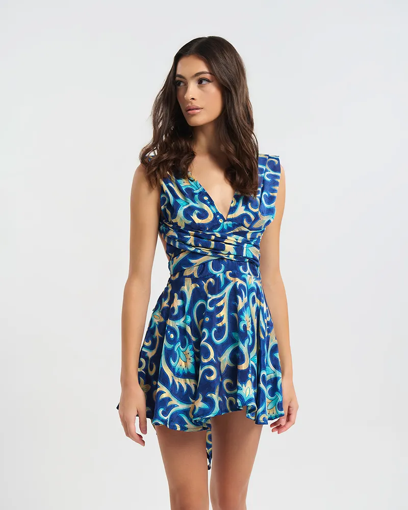 ΠΟΛΥΜΟΡΦΙΚΟ ΚΟΝΤΟ ΦΟΡΕΜΑ ΜΠΛΕ ΜΕ ΤΥΡΚΟΥΑΖ/ΧΡΥΣΕΣ ΛΕΠΤΟΜΕΡΕΙΕΣ ONE SIZE  (60% SILK 40% POLYESTER)