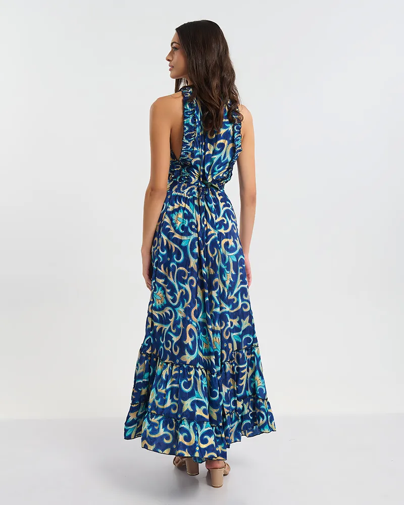 ΑΜΑΝΙΚΟ ΦΟΡΕΜΑ ΜΑΚΡΥ ΜΠΛΕ ΜΕ ΤΥΡΚΟΥΑΖ/ΧΡΥΣΕΣ ΛΕΠΤΟΜΕΡΕΙΕΣ ONE SIZE  (60% SILK 40% POLYESTER)