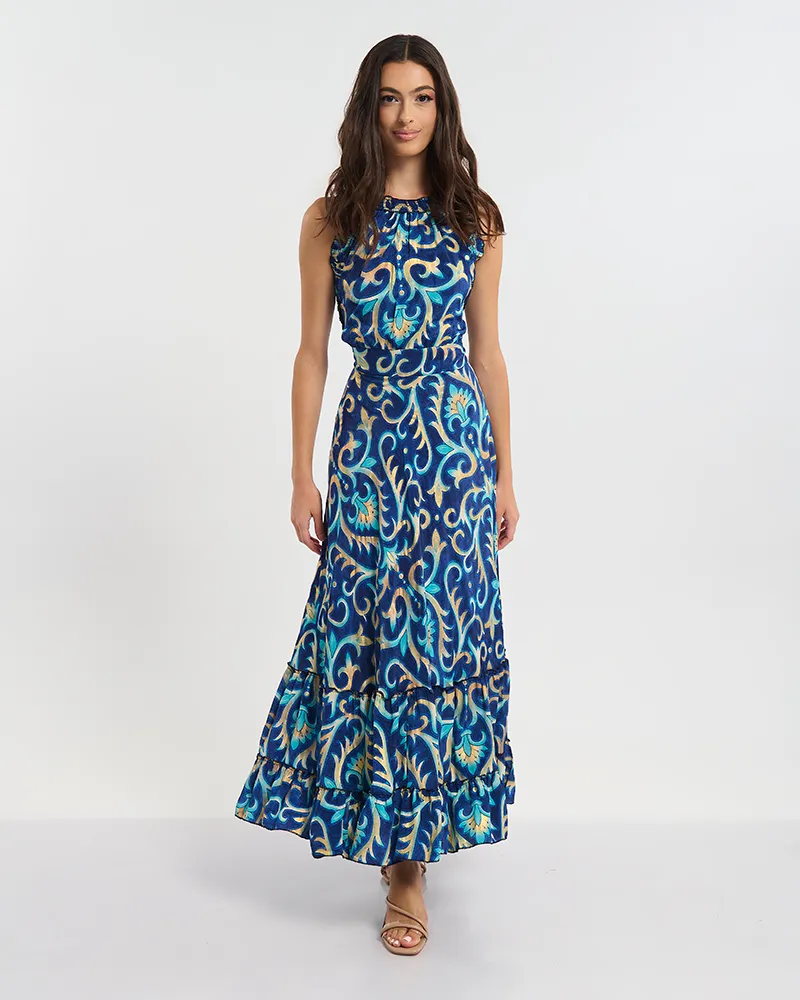 ΑΜΑΝΙΚΟ ΦΟΡΕΜΑ ΜΑΚΡΥ ΜΠΛΕ ΜΕ ΤΥΡΚΟΥΑΖ/ΧΡΥΣΕΣ ΛΕΠΤΟΜΕΡΕΙΕΣ ONE SIZE  (60% SILK 40% POLYESTER)