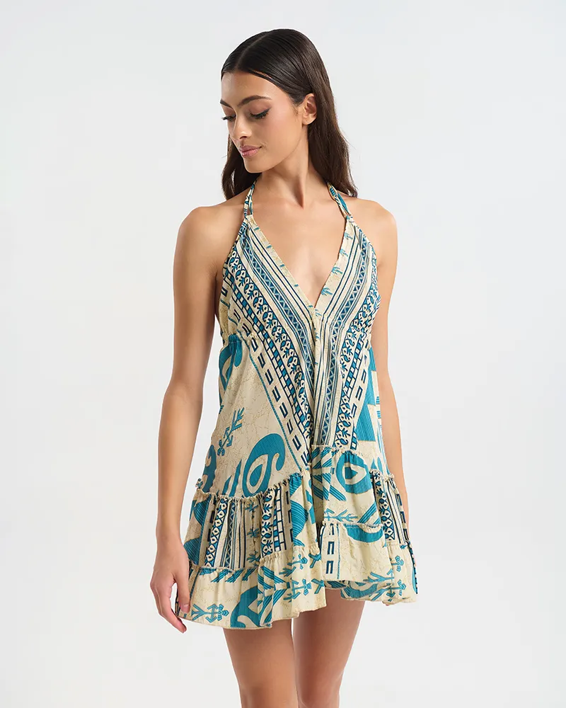 ΦΟΡΕΜΑ ΚΟΝΤΟ ΕΞΩΠΛΑΤΟ ΕΚΡΟΥ ΜΕ ΜΠΛΕ ΜΟΤΙΒΟ ONE SIZE (60% SILK 40% POLYESTER)