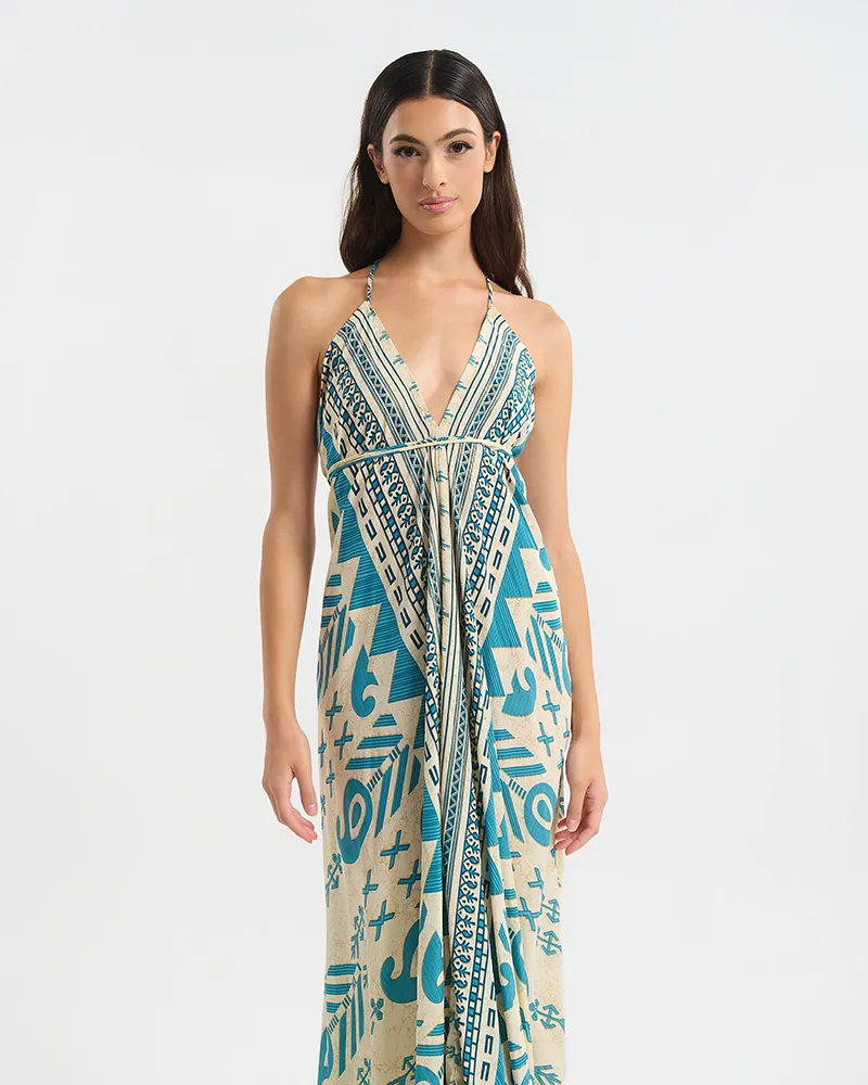 ΦΟΡΕΜΑ ΕΞΩΠΛΑΤΟ ΜΑΚΡΥ ΕΚΡΟΥ ΜΕ ΜΠΛΕ ΜΟΤΙΒΟ ONE SIZE  (60% SILK 40% POLYESTER)