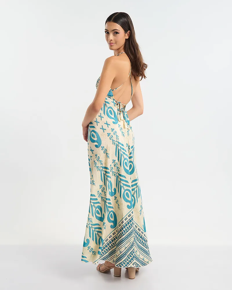 ΦΟΡΕΜΑ ΕΞΩΠΛΑΤΟ ΜΑΚΡΥ ΕΚΡΟΥ ΜΕ ΜΠΛΕ ΜΟΤΙΒΟ ONE SIZE  (60% SILK 40% POLYESTER)