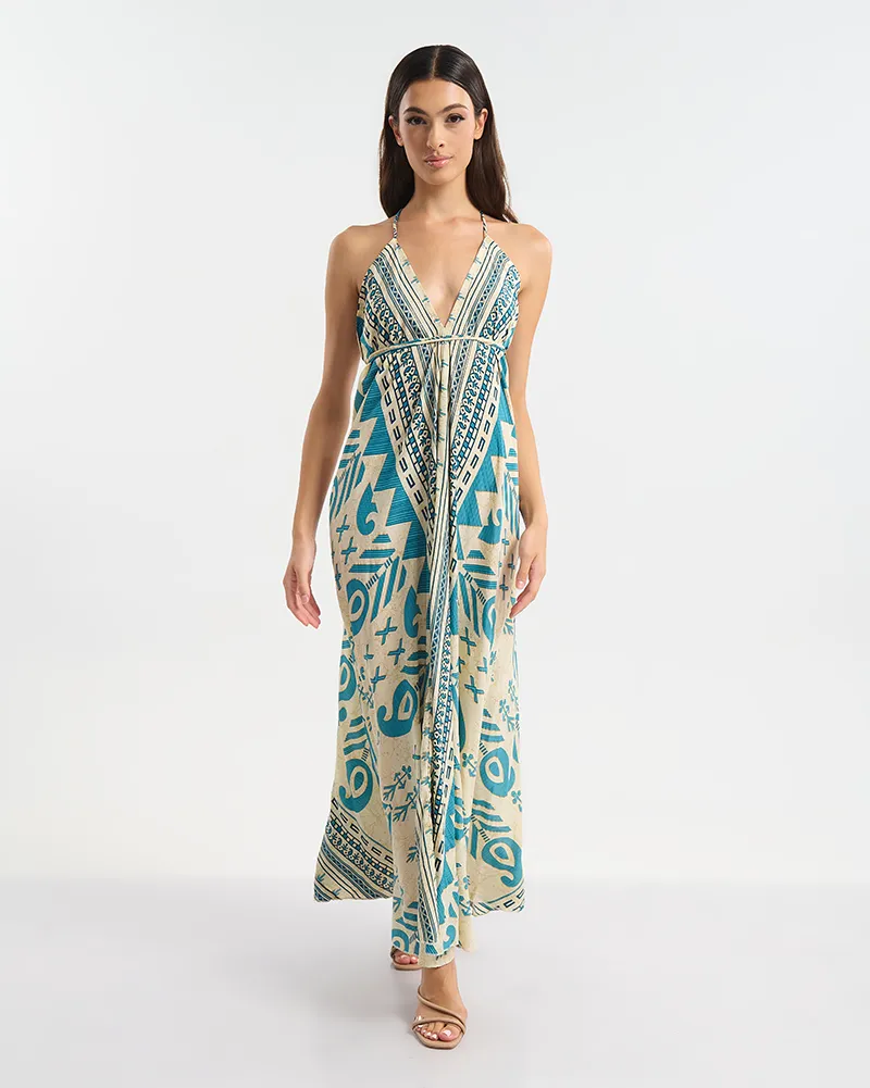 ΦΟΡΕΜΑ ΕΞΩΠΛΑΤΟ ΜΑΚΡΥ ΕΚΡΟΥ ΜΕ ΜΠΛΕ ΜΟΤΙΒΟ ONE SIZE  (60% SILK 40% POLYESTER)