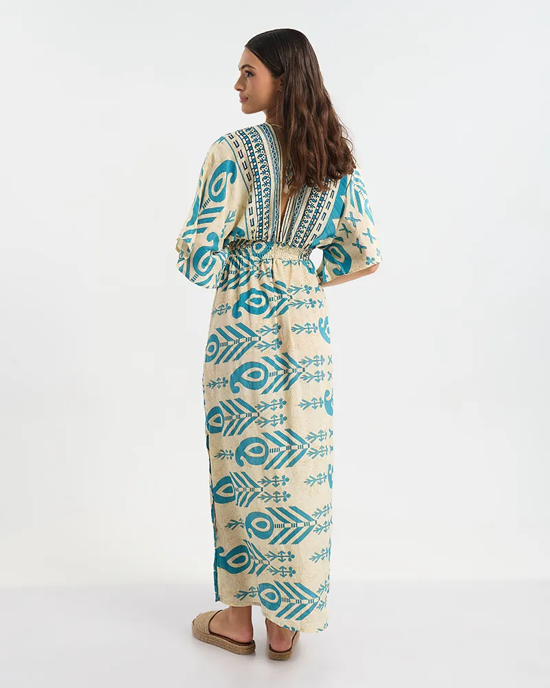 ΦΟΡΕΜΑ ΜΑΚΡΥ ΜΕ 3/4 ΜΑΝΙΚΙ  ΕΚΡΟΥ ΜΕ ΜΠΛΕ ΜΟΤΙΒΟ ONE SIZE (60% SILK 40% POLYESTER)