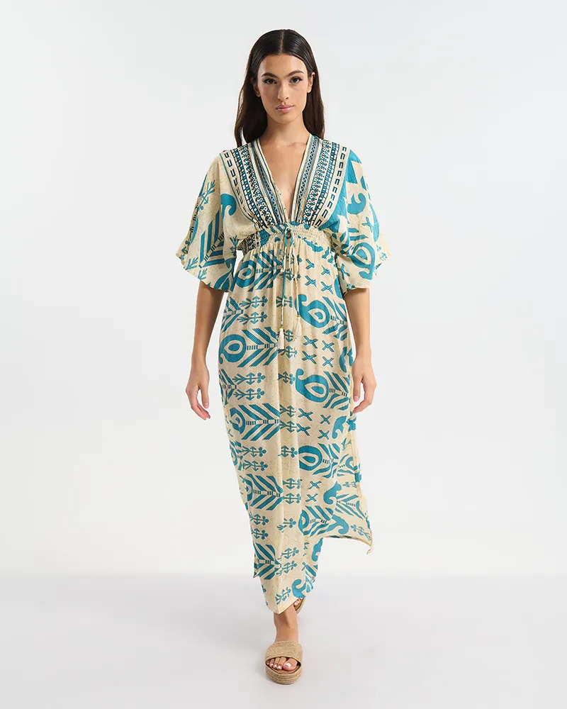 ΦΟΡΕΜΑ ΜΑΚΡΥ ΜΕ 3/4 ΜΑΝΙΚΙ  ΕΚΡΟΥ ΜΕ ΜΠΛΕ ΜΟΤΙΒΟ ONE SIZE (60% SILK 40% POLYESTER)