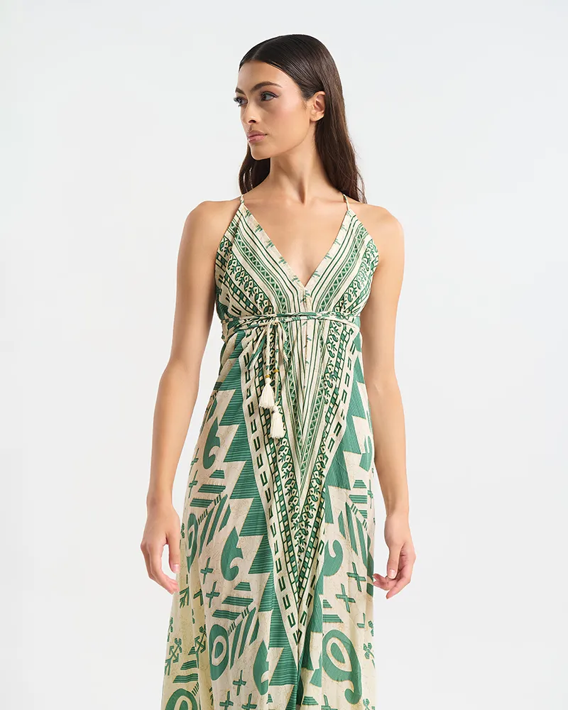 ΦΟΡΕΜΑ ΕΞΩΠΛΑΤΟ ΜΑΚΡΥ ΕΚΡΟΥ ΜΕ ΠΡΑΣΙΝΟ ΜΟΤΙΒΟ ONE SIZE (60% SILK 40% POLYESTER)