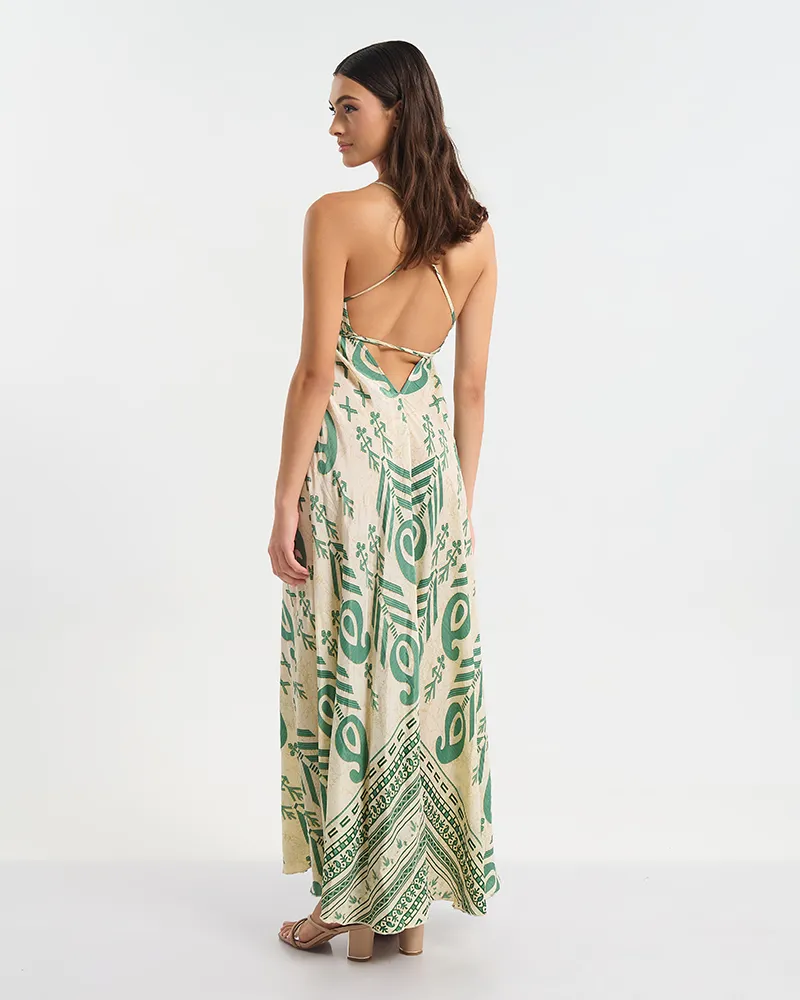 ΦΟΡΕΜΑ ΕΞΩΠΛΑΤΟ ΜΑΚΡΥ ΕΚΡΟΥ ΜΕ ΠΡΑΣΙΝΟ ΜΟΤΙΒΟ ONE SIZE (60% SILK 40% POLYESTER)