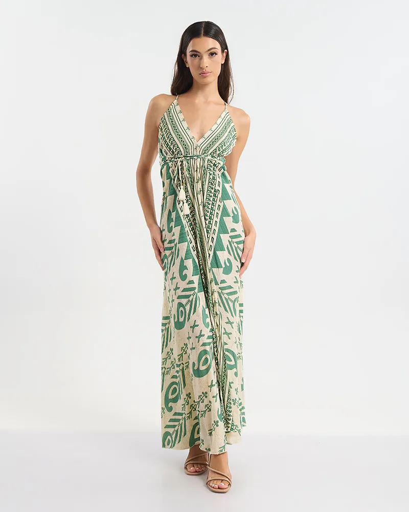 ΦΟΡΕΜΑ ΕΞΩΠΛΑΤΟ ΜΑΚΡΥ ΕΚΡΟΥ ΜΕ ΠΡΑΣΙΝΟ ΜΟΤΙΒΟ ONE SIZE (60% SILK 40% POLYESTER)