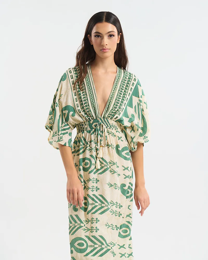 ΦΟΡΕΜΑ ΜΑΚΡΥ 3/4 ΕΚΡΟΥ ΜΕ ΠΡΆΣΙΝΟ ΜΟΤΙΒΟ ONE SIZE (60% SILK 40% POLYESTER)