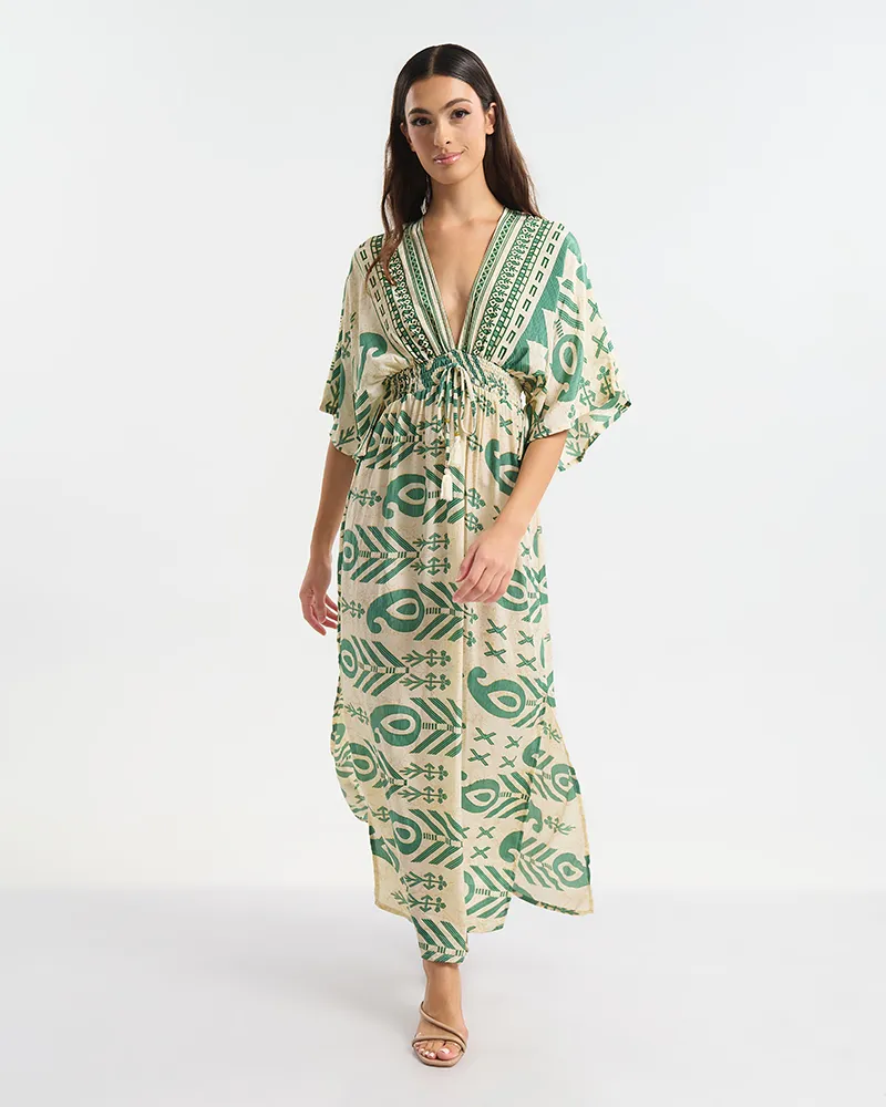 ΦΟΡΕΜΑ ΜΑΚΡΥ 3/4 ΕΚΡΟΥ ΜΕ ΠΡΆΣΙΝΟ ΜΟΤΙΒΟ ONE SIZE (60% SILK 40% POLYESTER)