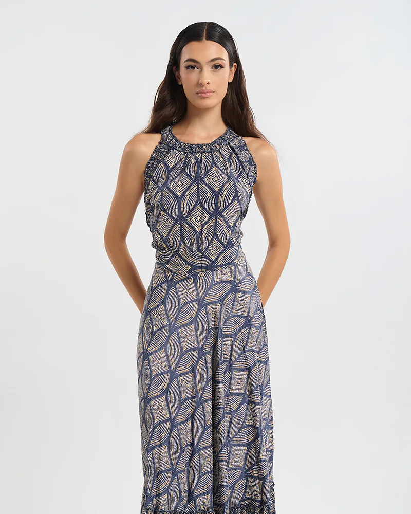 ΦΟΡΕΜΑ ΑΜΑΝΙΚΟ ΜΑΚΡΥ ΣΕ ΜΠΛΕ ΜΕ ΡΟΜΒΟΥΣ ONE SIZE  (60% SILK 40% POLYESTER)