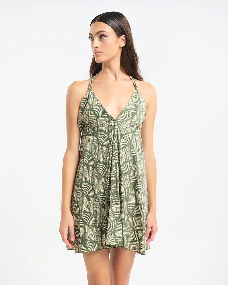 ΦΟΡΕΜΑ ΚΟΝΤΟ ΕΞΩΠΛΑΤΟ ΠΡΑΣΙΝΟ ΜΕ ΡΟΜΒΟΥΣ ONE SIZE  (60% SILK 40% POLYESTER)