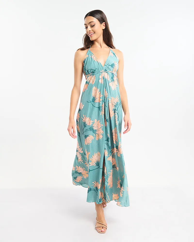 ΦΟΡΕΜΑ ΜΑΚΡΥ ΕΞΩΠΛΑΤΟ ΣΕ ΓΑΛΑΖΙΟ ΧΡΩΜΑ ΜΕ ΕΚΡΟΎ ΛΕΠΤΟΜΕΡΕΙΕΣ ONE SIZE  (60% SILK 40% POLYESTER)