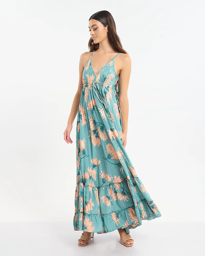 ΦΟΡΕΜΑ ΜΑΚΡΥ ΜΕ ΒΟΛΑΝ ΕΞΩΠΛΑΤΟ ΣΕ ΓΑΛΑΖΙΟ ΧΡΩΜΑ ΜΕ ΕΚΡΟΎ ΛΕΠΤΟΜΕΡΕΙΕΣ ONE SIZE  (60% SILK 40% POLYESTER)