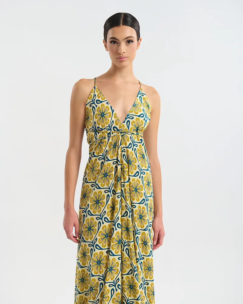 ΜΑΚΡΥ ΦΟΡΕΜΑ ΕΞΩΠΛΑΤΟ ΕΚΡΟΥ ΜΕ ΧΡΥΣΑ ΛΟΥΛΟΥΔΙΑ ΚΑΙ ΜΠΛΕ ΛΕΠΤΟΜΕΡΕΙΕΣ ONE SIZE  (60% SILK 40% POLYESTER)