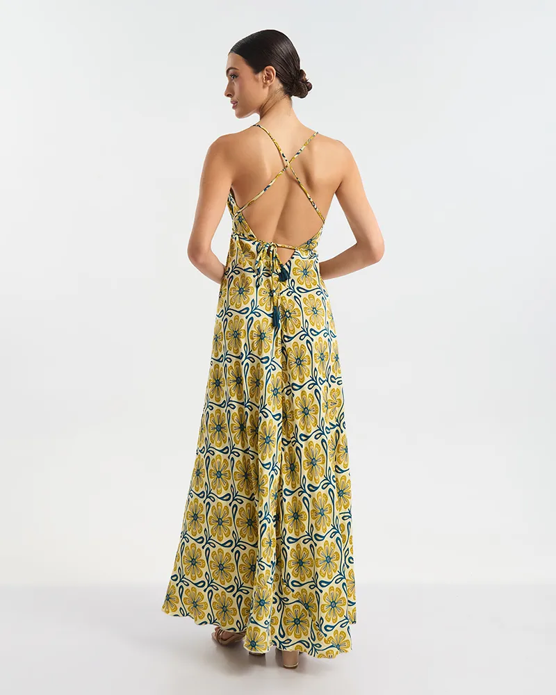 ΜΑΚΡΥ ΦΟΡΕΜΑ ΕΞΩΠΛΑΤΟ ΕΚΡΟΥ ΜΕ ΧΡΥΣΑ ΛΟΥΛΟΥΔΙΑ ΚΑΙ ΜΠΛΕ ΛΕΠΤΟΜΕΡΕΙΕΣ ONE SIZE  (60% SILK 40% POLYESTER)