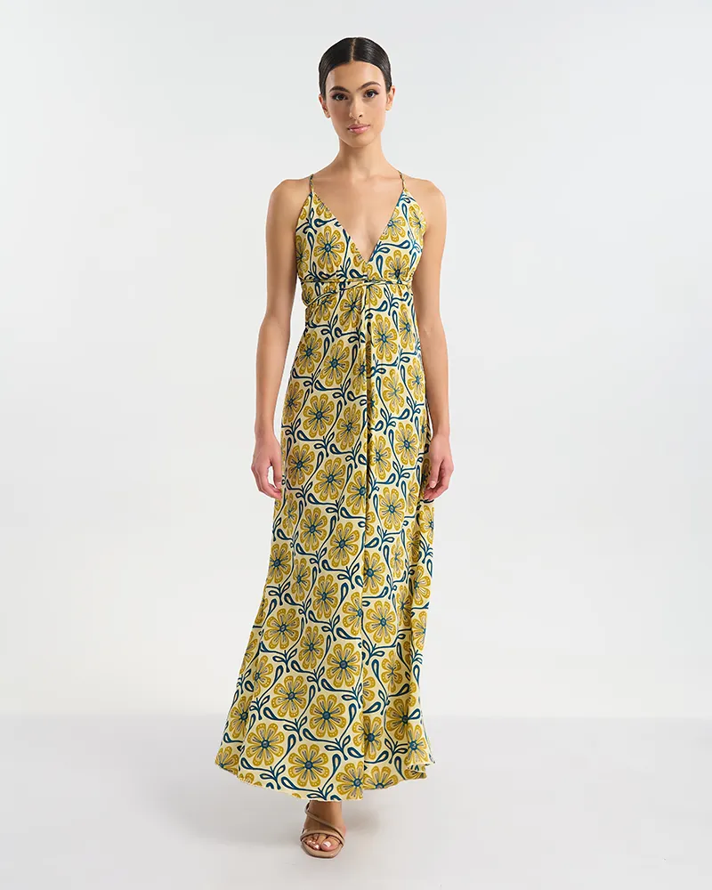 ΜΑΚΡΥ ΦΟΡΕΜΑ ΕΞΩΠΛΑΤΟ ΕΚΡΟΥ ΜΕ ΧΡΥΣΑ ΛΟΥΛΟΥΔΙΑ ΚΑΙ ΜΠΛΕ ΛΕΠΤΟΜΕΡΕΙΕΣ ONE SIZE  (60% SILK 40% POLYESTER)