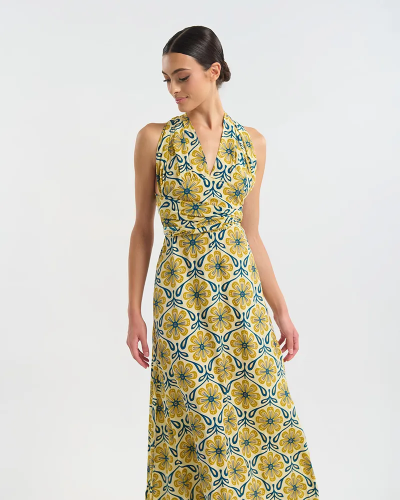 ΦΟΡΕΜΑ ΜΑΚΡΥ ΠΟΛΥΜΟΡΦΙΚΟ ΕΚΡΟΥ ΜΕ ΧΡΥΣΑ ΛΟΥΛΟΥΔΙΑ ΚΑΙ ΜΠΛΕ ΛΕΠΤΟΜΕΡΕΙΕΣ ONE SIZE  (60% SILK 40% POLYESTER)