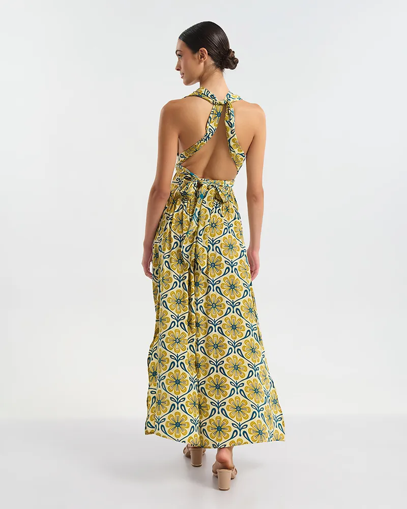 ΦΟΡΕΜΑ ΜΑΚΡΥ ΠΟΛΥΜΟΡΦΙΚΟ ΕΚΡΟΥ ΜΕ ΧΡΥΣΑ ΛΟΥΛΟΥΔΙΑ ΚΑΙ ΜΠΛΕ ΛΕΠΤΟΜΕΡΕΙΕΣ ONE SIZE  (60% SILK 40% POLYESTER)