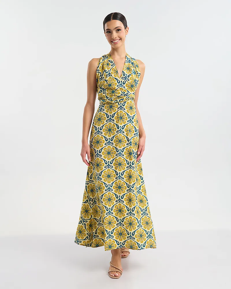 ΦΟΡΕΜΑ ΜΑΚΡΥ ΠΟΛΥΜΟΡΦΙΚΟ ΕΚΡΟΥ ΜΕ ΧΡΥΣΑ ΛΟΥΛΟΥΔΙΑ ΚΑΙ ΜΠΛΕ ΛΕΠΤΟΜΕΡΕΙΕΣ ONE SIZE  (60% SILK 40% POLYESTER)