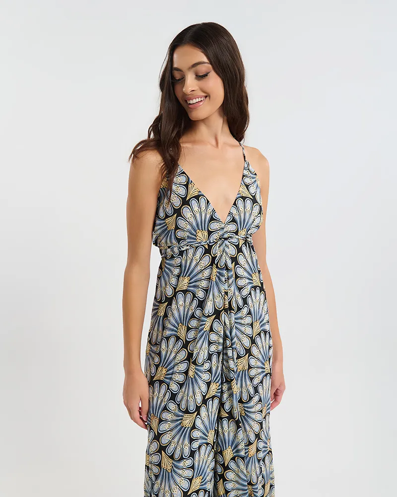 ΦΟΡΕΜΑ  ΜΑΚΡΥ ΕΞΩΠΛΑΤΟ ΣΕ  ΜΠΛΕ ΜΕ ΧΡΥΣΑ ΦΥΛΛΑ ONE SIZE (60% SILK 40% POLYESTER)