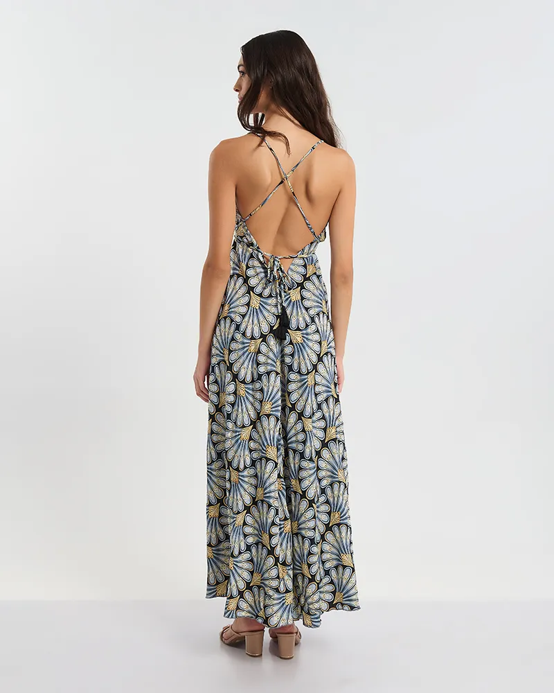 ΦΟΡΕΜΑ  ΜΑΚΡΥ ΕΞΩΠΛΑΤΟ ΣΕ  ΜΠΛΕ ΜΕ ΧΡΥΣΑ ΦΥΛΛΑ ONE SIZE (60% SILK 40% POLYESTER)