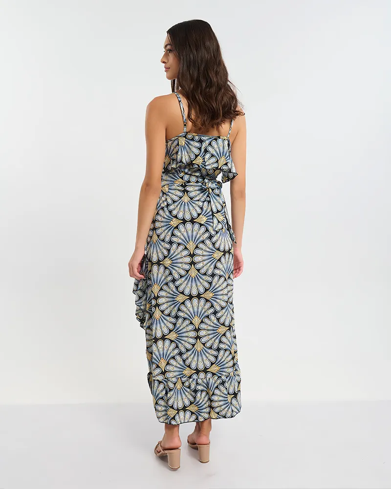 ΦΟΡΕΜΑ ΜΑΚΡΥ ΚΡΟΥΑΖΕ ΣΕ ΜΠΛΕ ΜΕ ΧΡΥΣΑ ΦΥΛΛΑ ONE SIZE (60% SILK 40% POLYESTER)