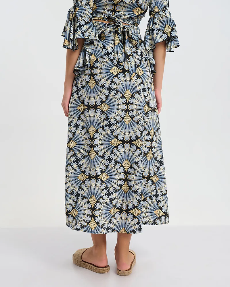 ΜΑΚΡΙΑ ΦΟΥΣΤΑ  ΣΕ ΜΠΛΕ ΜΕ ΧΡΥΣΑ ΦΥΛΛΑ ONE SIZE  (60% SILK 40% POLYESTER)